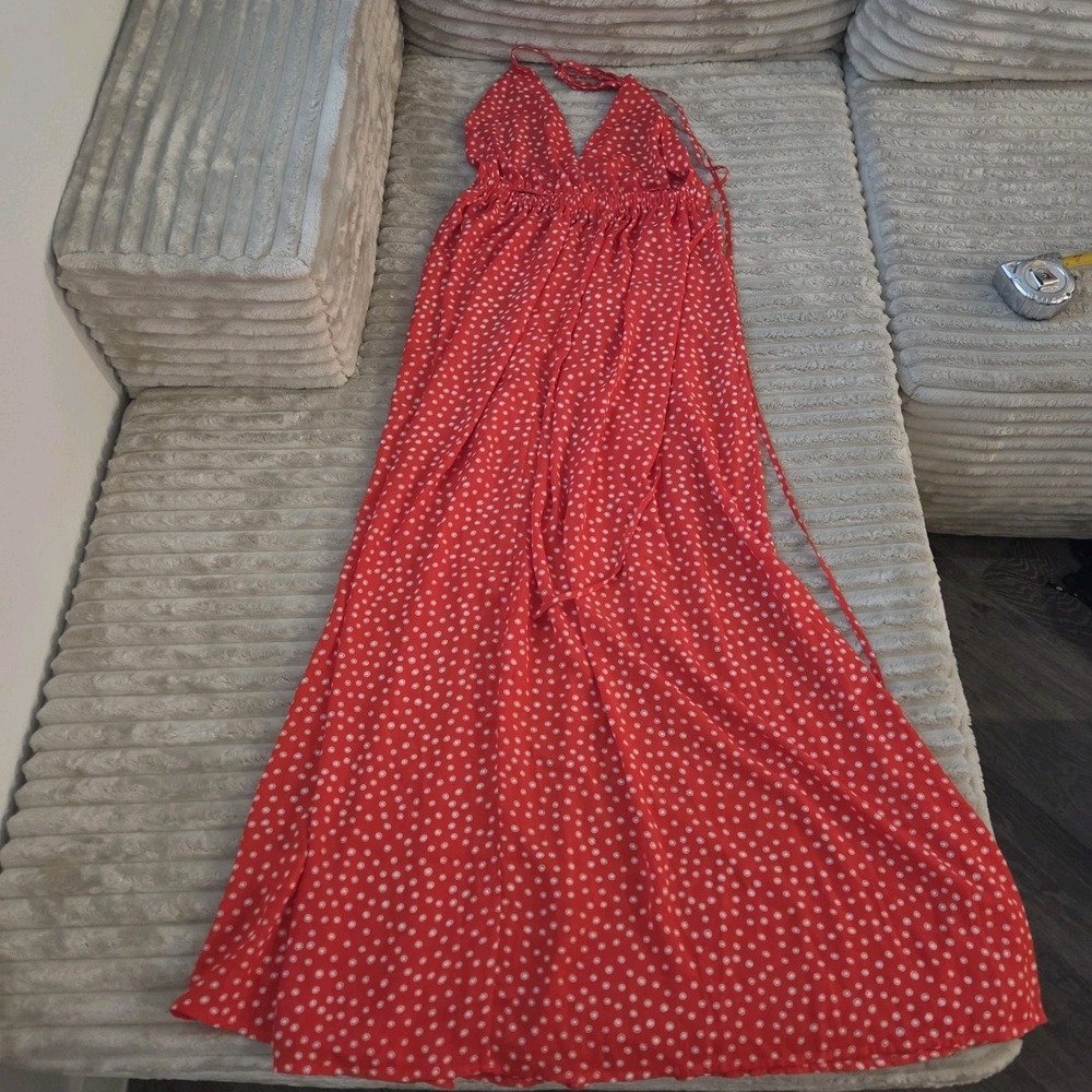 Simplee Red White Polka Dot Halter Maxi Long Dress S Boho Summer Sun Side Slit - Picture 7 of 8